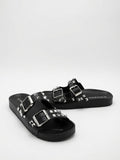 Sandalias De Piso Negro Con Estoperoles Doble Hebilla Mujer