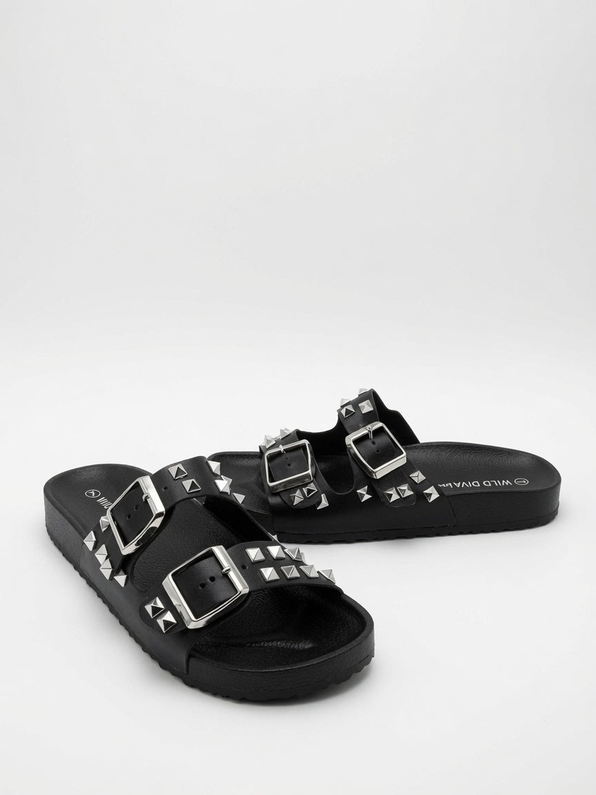 Sandalias De Piso Negro Con Estoperoles Doble Hebilla Mujer