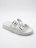 Sandalias De Piso Blanco Con Estoperoles Doble Hebilla Mujer
