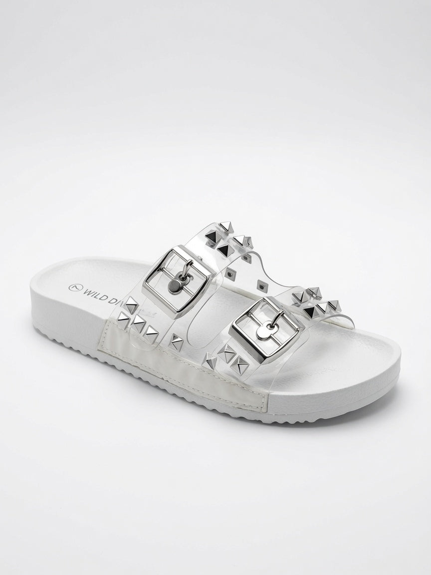 Sandalias De Piso Blanco Con Estoperoles Doble Hebilla Mujer