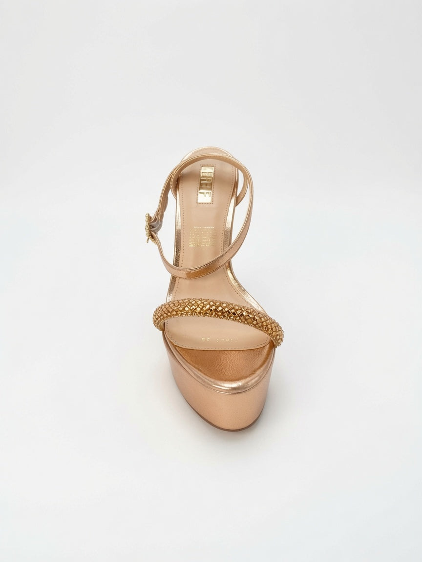 Zapatilla Oro Rosado con Tira de Brillos y Plataforma Alta