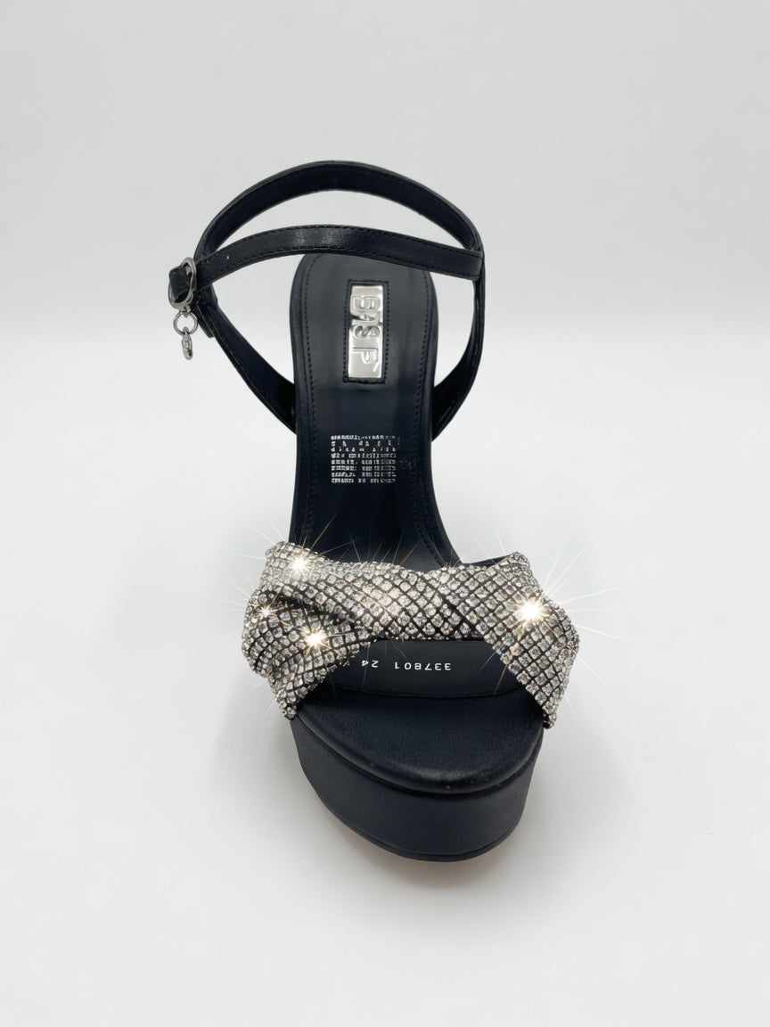 Zapatilla de Tacón Acampanado con Plataforma y Moño de Brillantes