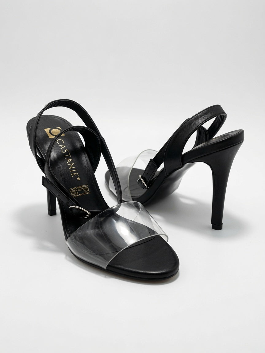 Zapatillas Tacón Aguja Negro Con Tira Transparente