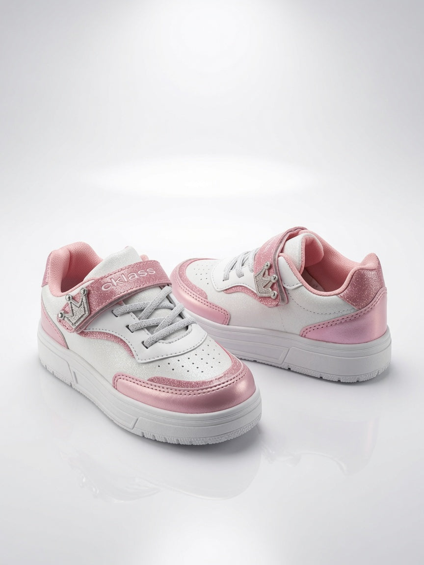 Tenis Niña Blanco Con Rosa Glitter Y Detalle Corona