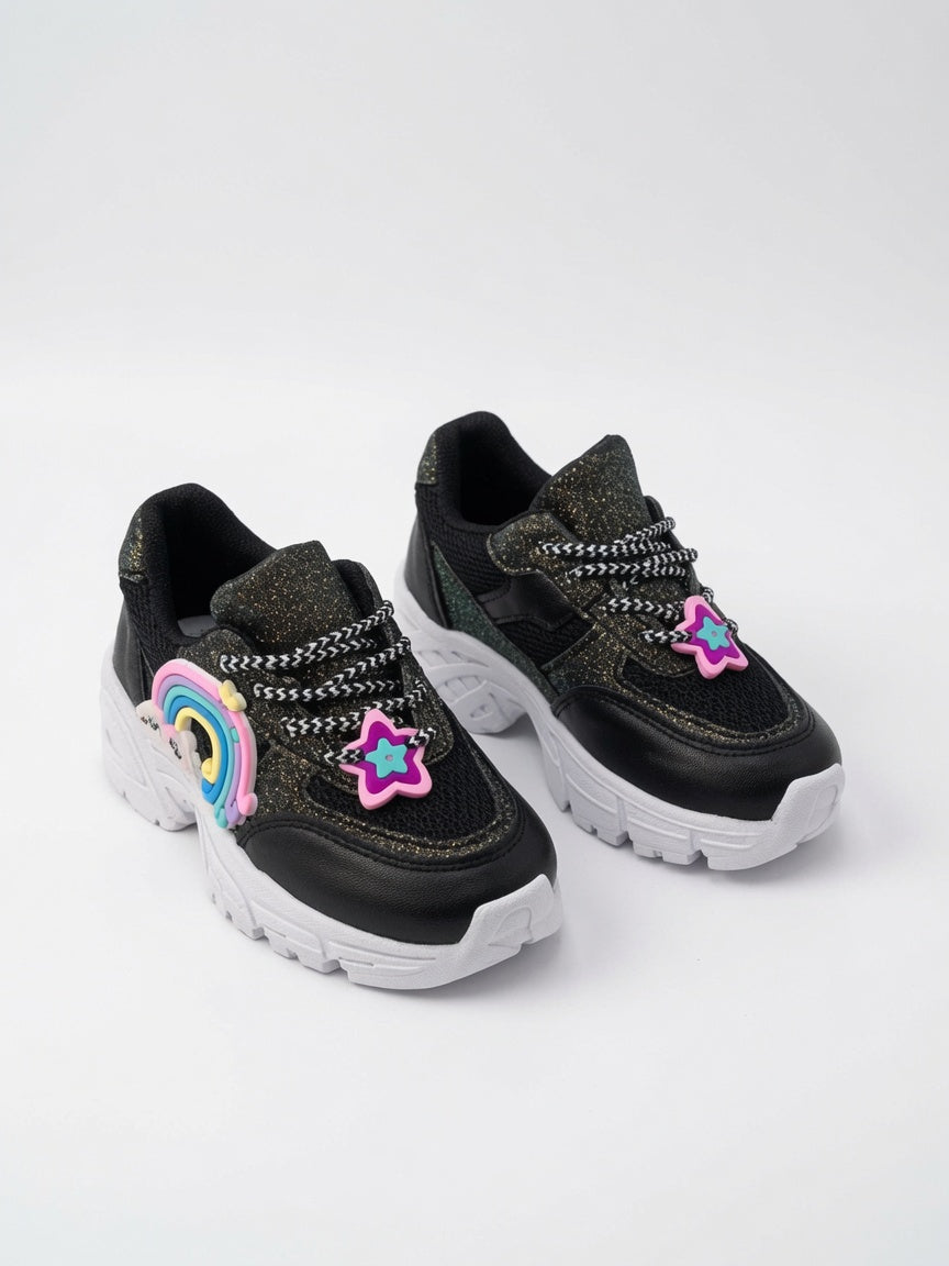 Tenis Niña Negro Brillos Diseños De Arcoiris
