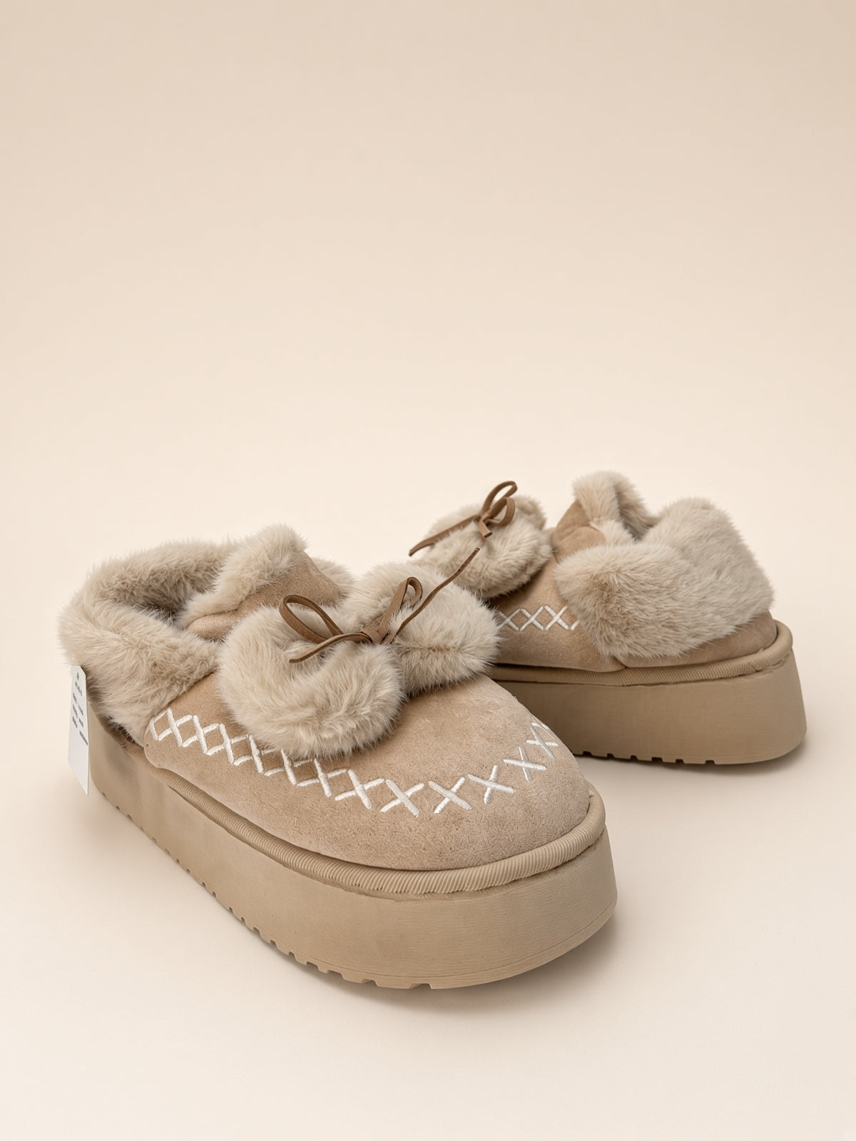 Pantuflas De Peluche Con Plataforma Para Mujer Invierno Beige