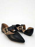 Zapato Flat Negro de Punta Puntiaguda con Correa y Hebilla