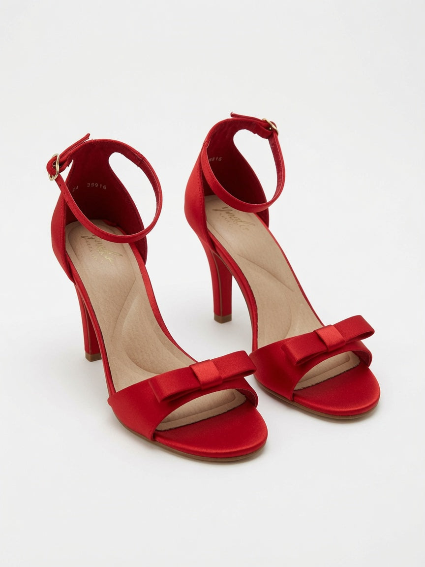 Zapatillas de Tacón Alto con Moño Rojo Satén Carmesí