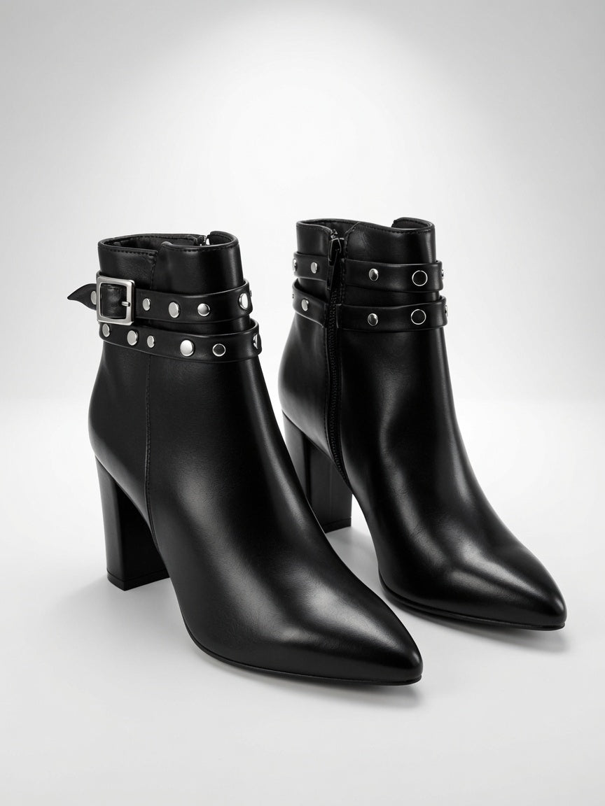 Botines Negros De Tacón Ancho Para Mujer Hebilla