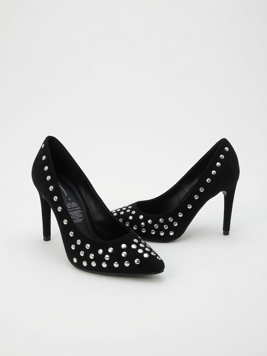Zapatilla Negra Elegante Con Estoperoles De Tacón Aguja