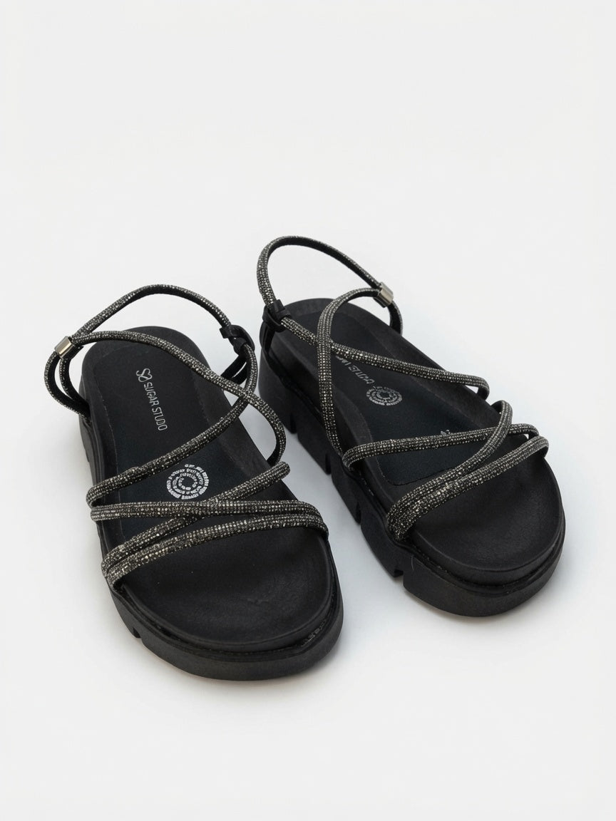 Sandalias Negras con Plataforma y Tiras Brillantes para Mujer