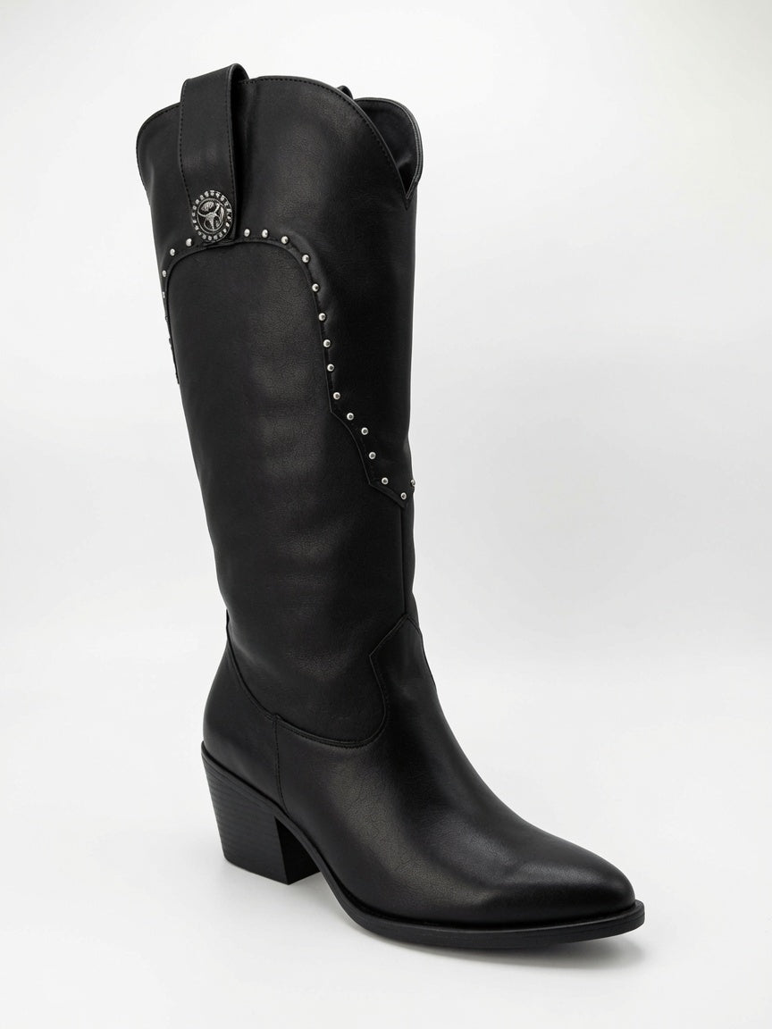 Botas Largas Estilo Texano con Estoperoles y Tacón - Negro