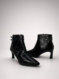 Botín Mujer Negro Tacón Elegante Punta Fina Correas Moda