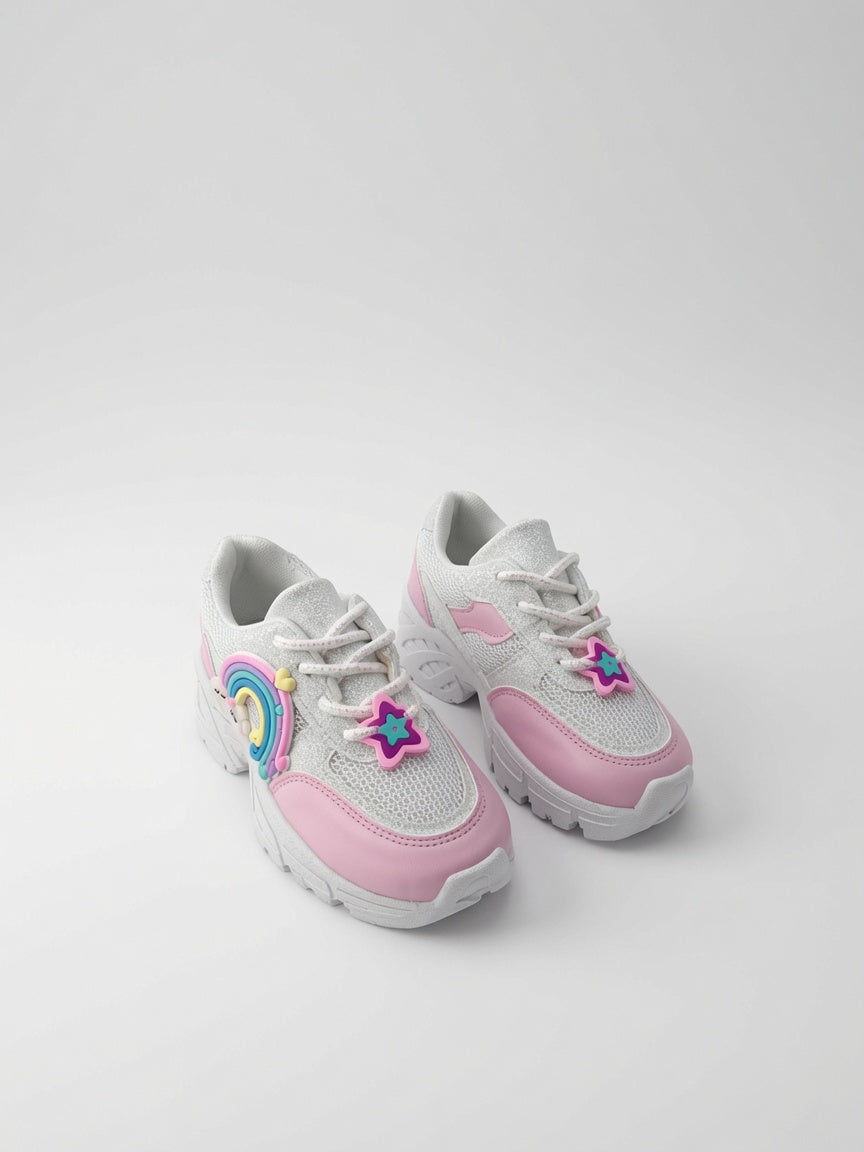 Tenis Niña Rosa Pastel Con Brillos Diseños De Arcoiris
