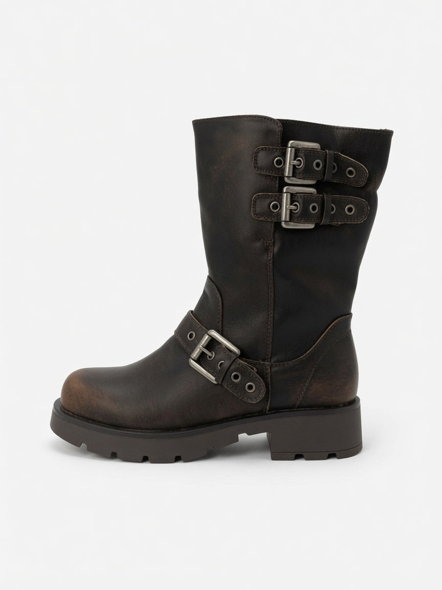 Botin Efe "Rocker" con Hebillas Múltiples - Café Deslavado