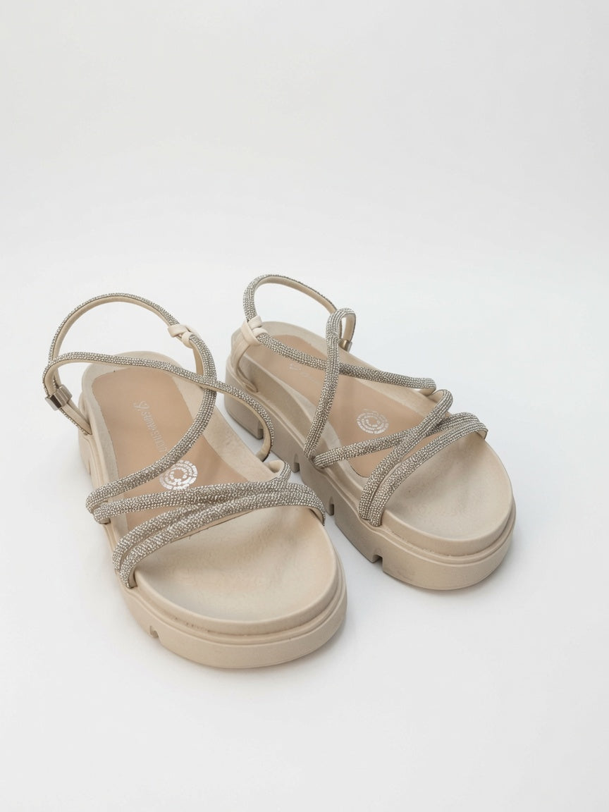 Sandalia Beige con Plataforma y Tiras Brillantes para Mujer