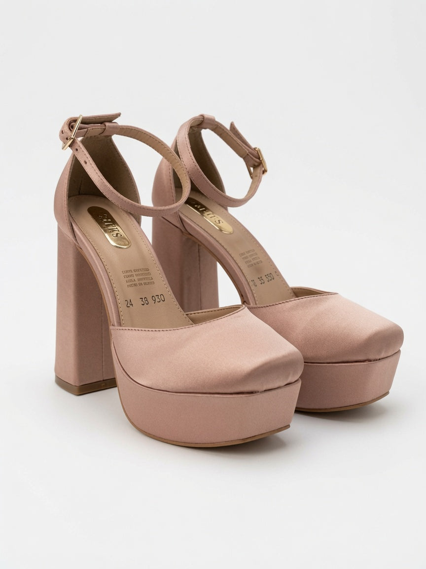 Zapatilla Plataforma Tacón Ancho Para Mujer Satín