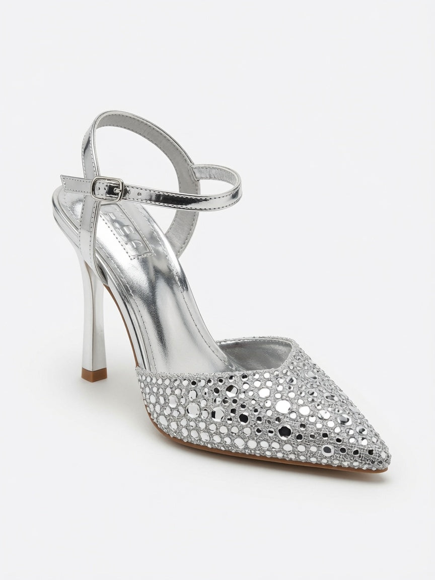 Zapatillas de Fiesta Plata con Brillos y Punta Fina