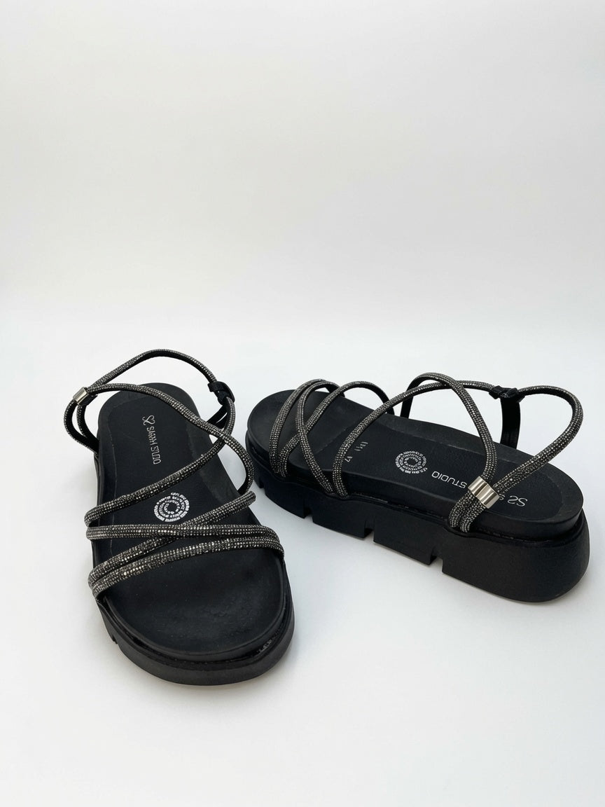 Sandalias Negras con Plataforma y Tiras Brillantes para Mujer