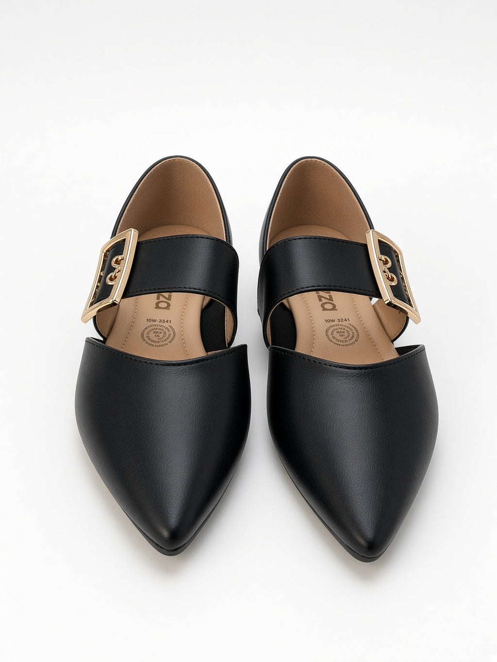 Zapato Flat Negro de Punta Puntiaguda con Correa y Hebilla