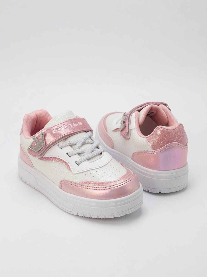 Tenis Niña Blanco Con Rosa Glitter Y Detalle Corona