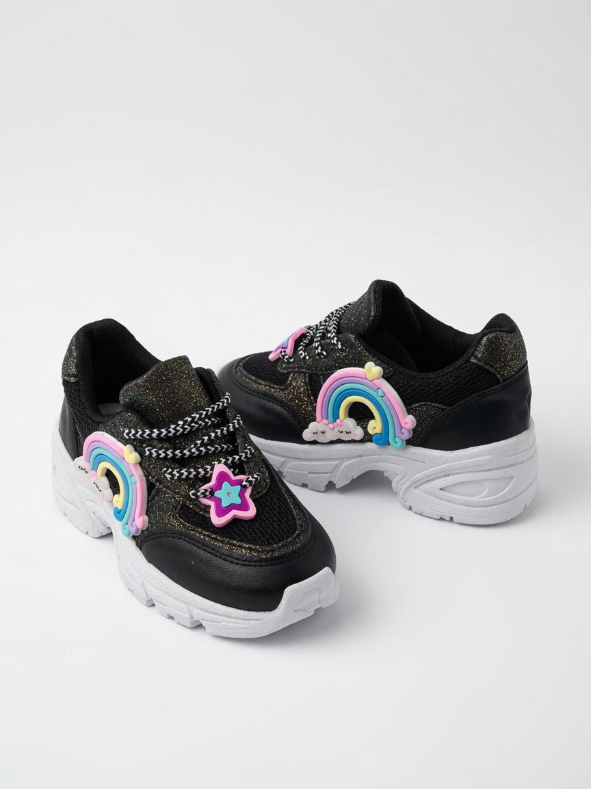 Tenis Niña Negro Brillos Diseños De Arcoiris