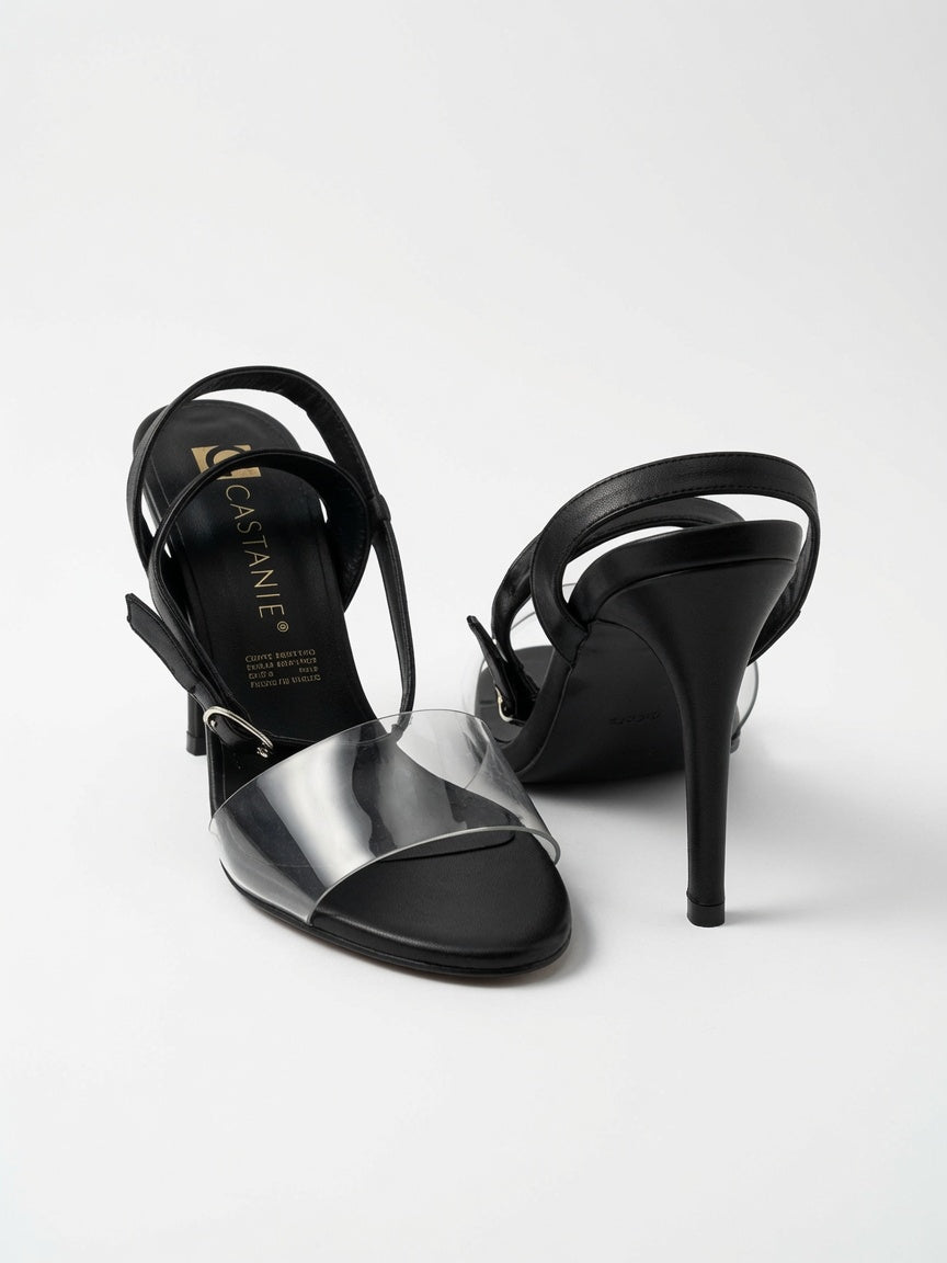 Zapatillas Tacón Aguja Negro Con Tira Transparente