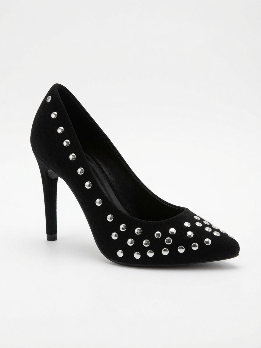 Zapatilla Negra Elegante Con Estoperoles De Tacón Aguja