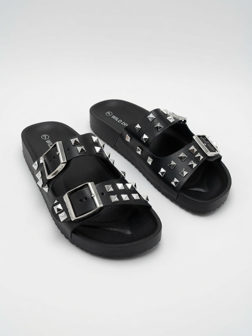 Sandalias De Piso Negro Con Estoperoles Doble Hebilla Mujer