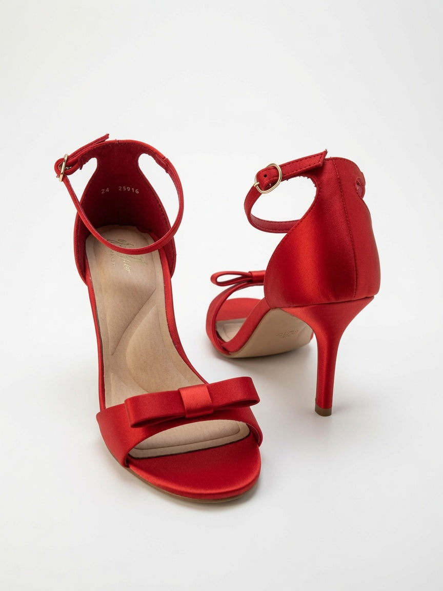 Zapatillas de Tacón Alto con Moño Rojo Satén Carmesí