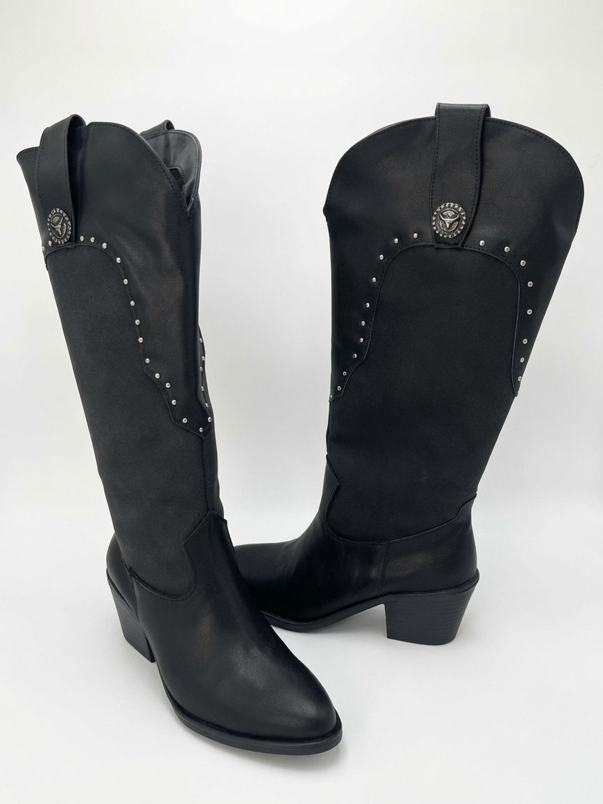 Botas Largas Estilo Texano con Estoperoles y Tacón - Negro