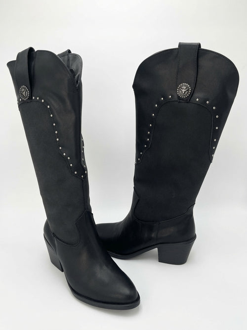 Botas Largas Estilo Texano con Estoperoles y Tacón - Negro