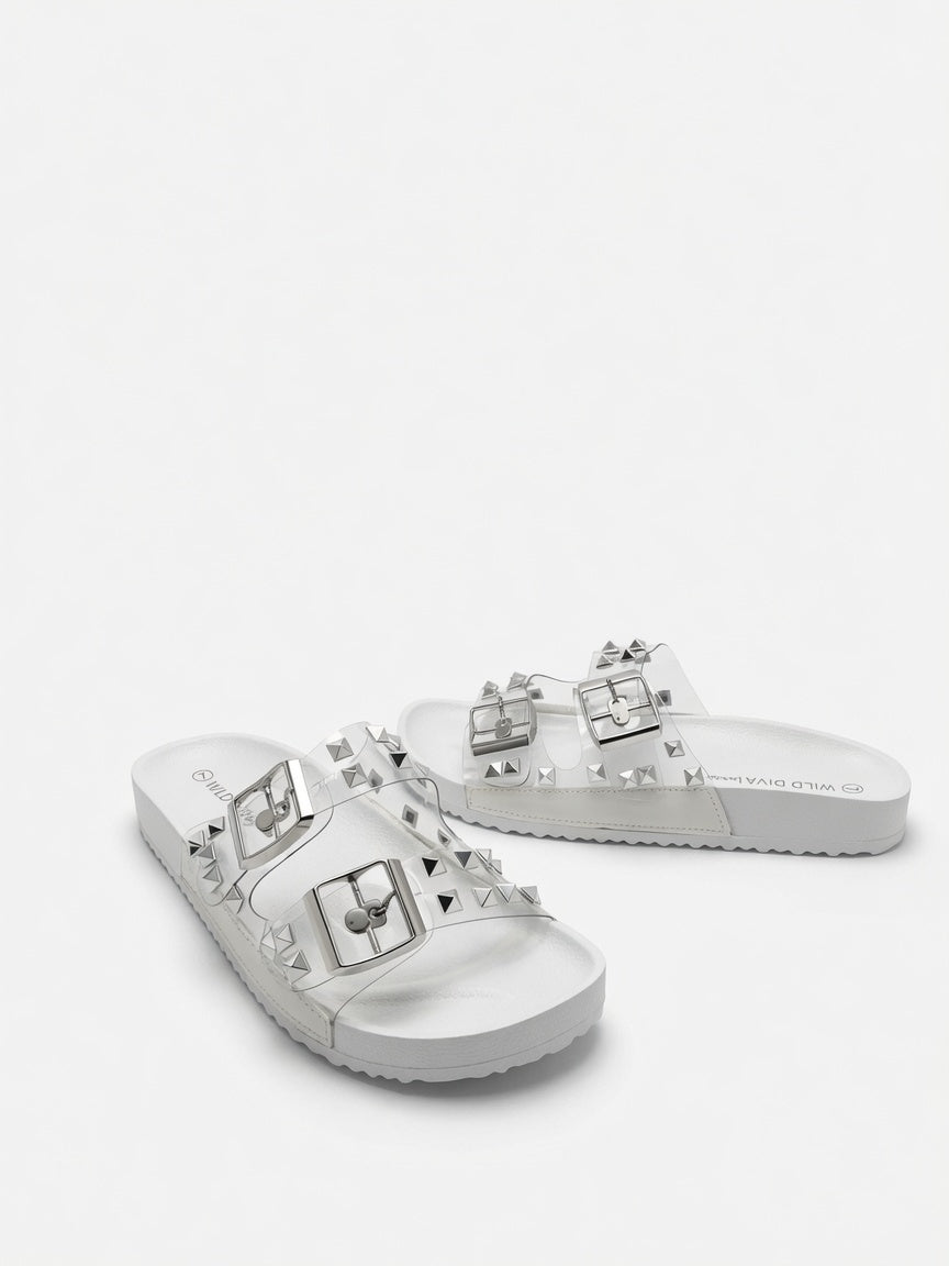 Sandalias De Piso Blanco Con Estoperoles Doble Hebilla Mujer