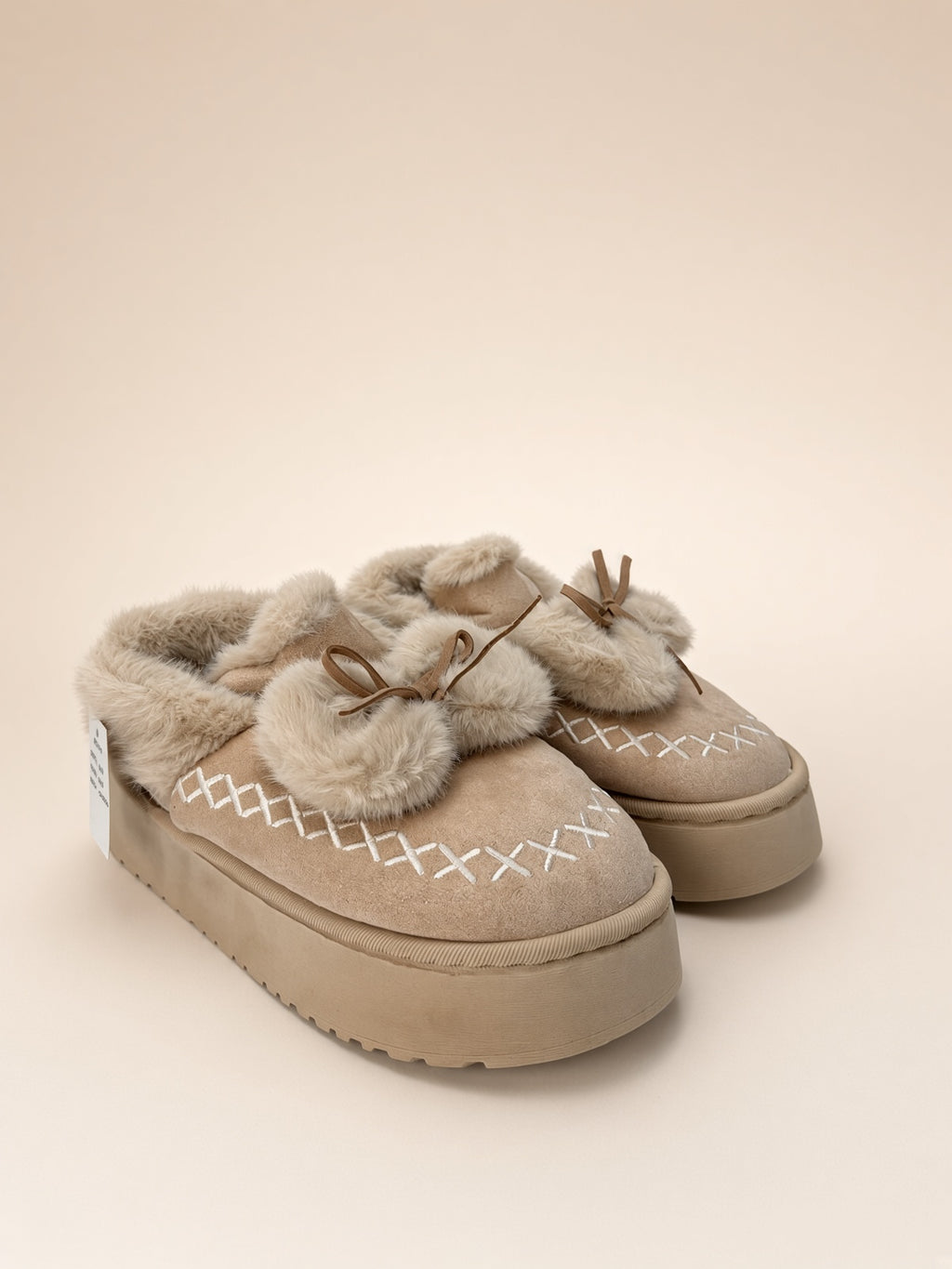 Pantuflas De Peluche Con Plataforma Para Mujer Invierno Beige