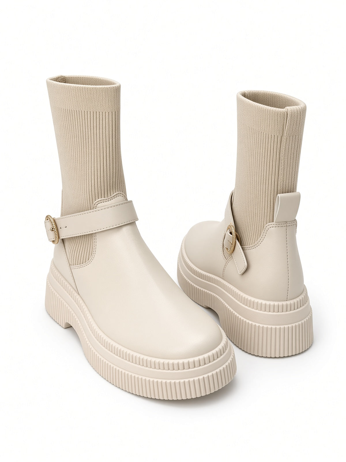 Botín Casual de Mujer con Tubo Tejido y Hebilla Marca Mustaza – Color Beige