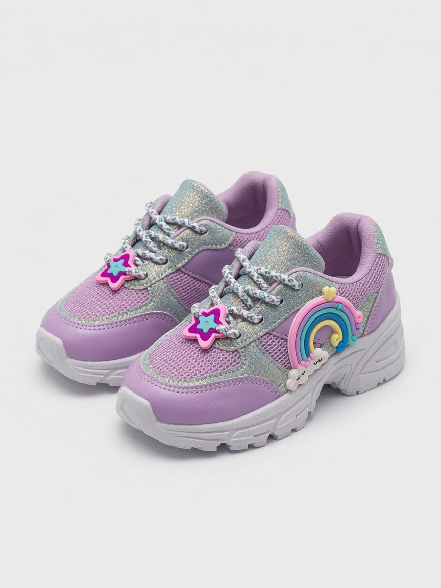 Tenis Niña Morado Pastel Con Brillos Diseños De Arcoiris