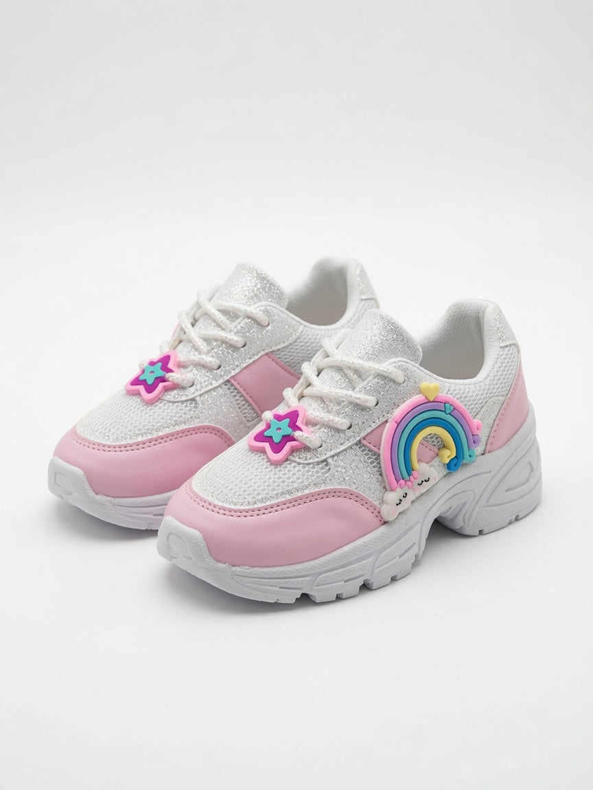 Tenis Niña Rosa Pastel Con Brillos Diseños De Arcoiris