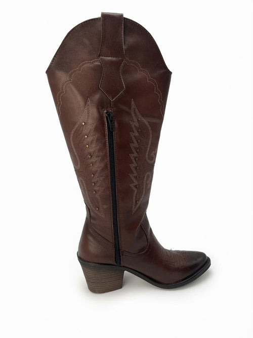 Botas Texanas Largas en Color Chocolate para Mujer - Tacón