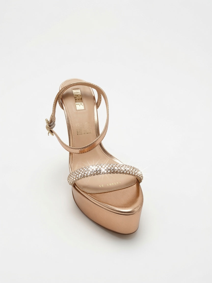 Zapatilla Oro Rosado con Tira de Brillos y Plataforma Alta