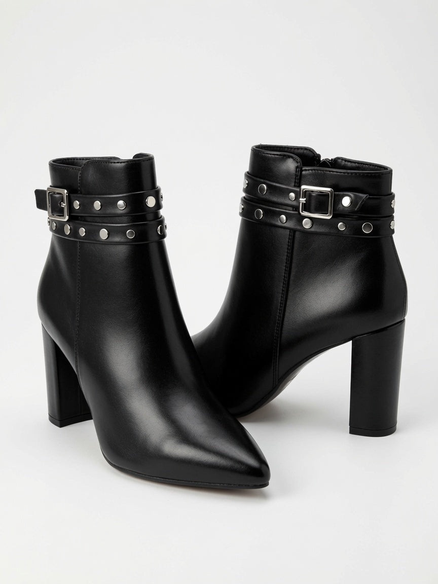 Botines Negros De Tacón Ancho Para Mujer Hebilla