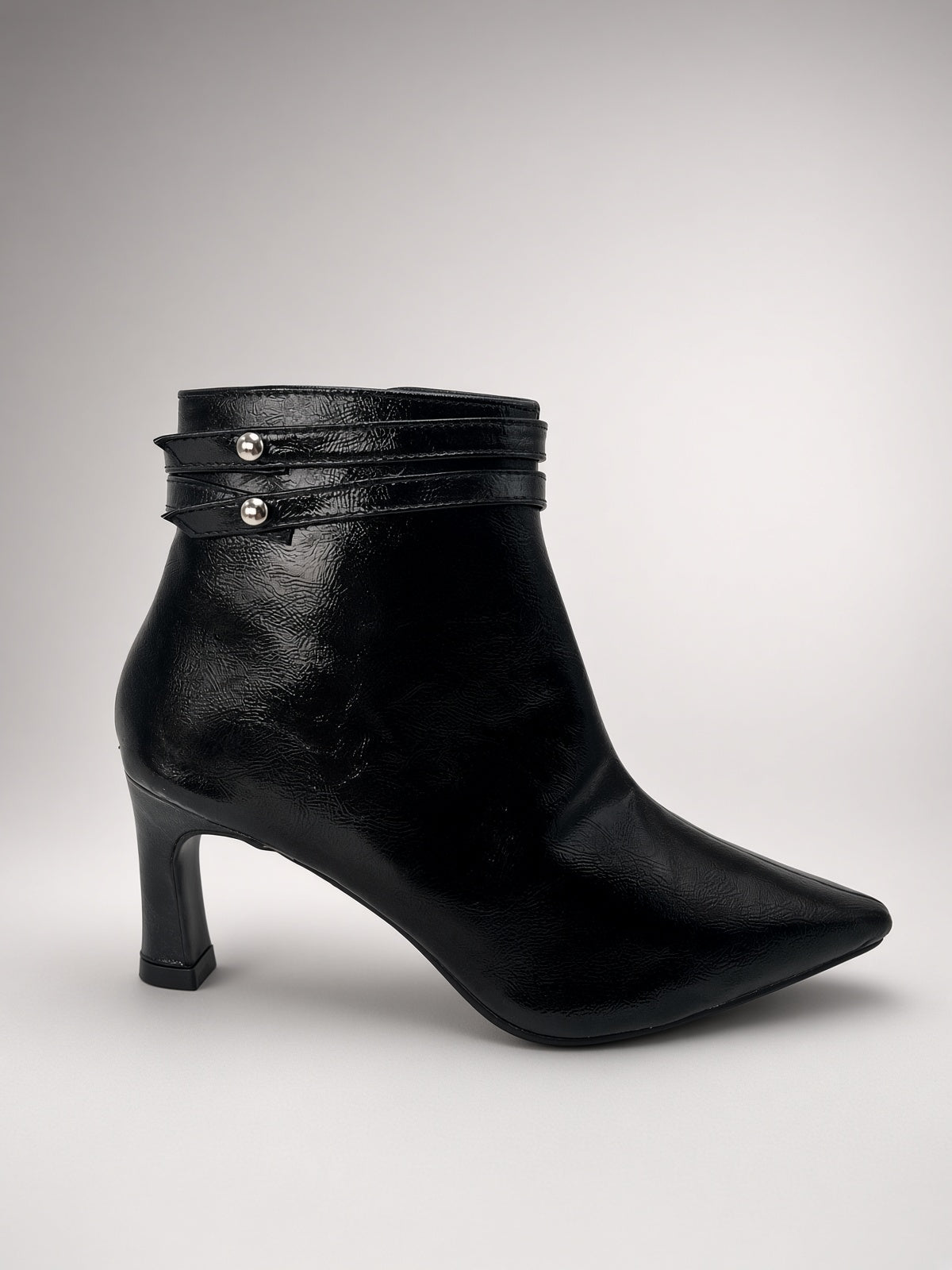 Botín Mujer Negro Tacón Elegante Punta Fina Correas Moda