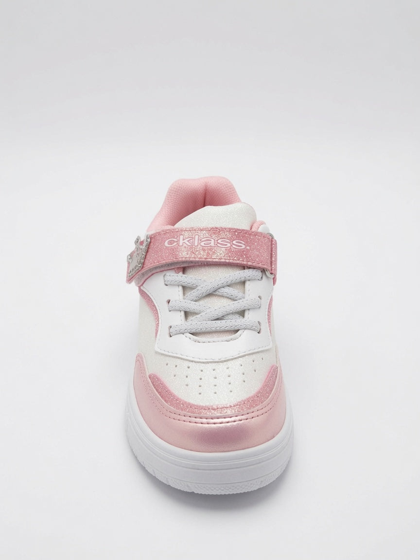 Tenis Niña Blanco Con Rosa Glitter Y Detalle Corona