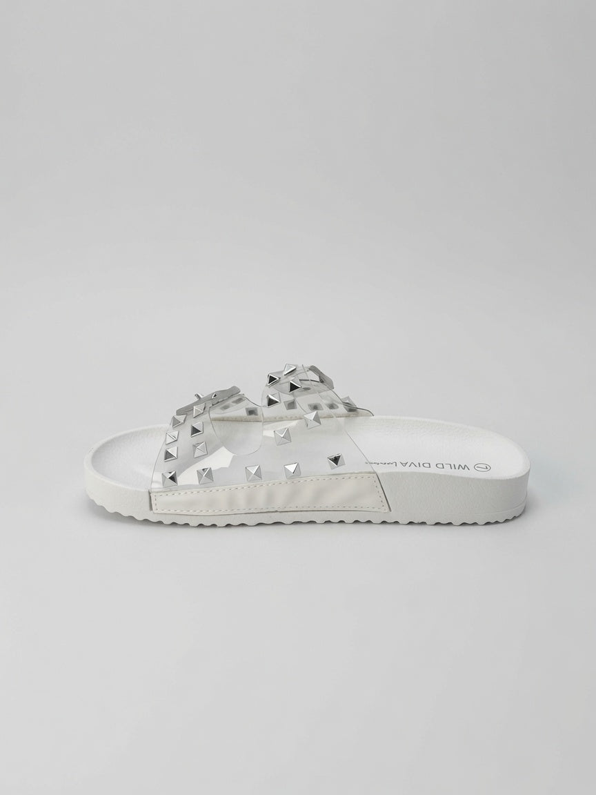 Sandalias De Piso Blanco Con Estoperoles Doble Hebilla Mujer
