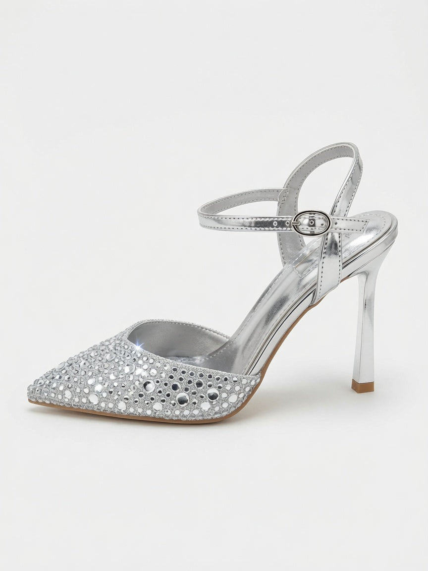Zapatillas de Fiesta Plata con Brillos y Punta Fina