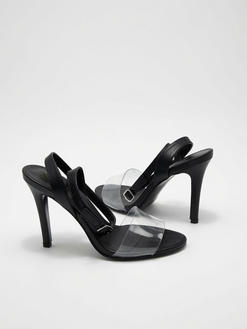 Zapatillas Tacón Aguja Negro Con Tira Transparente