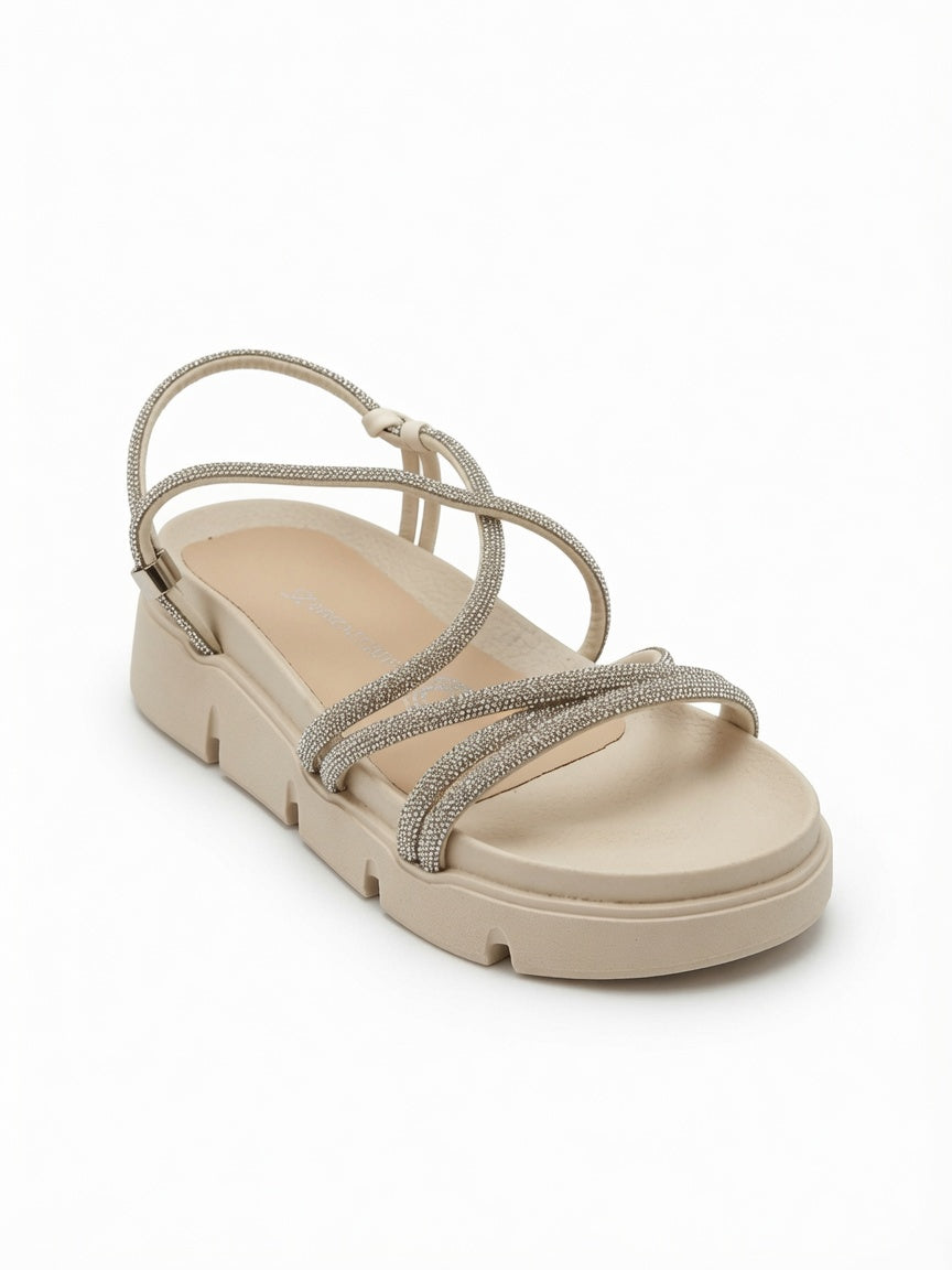 Sandalia Beige con Plataforma y Tiras Brillantes para Mujer