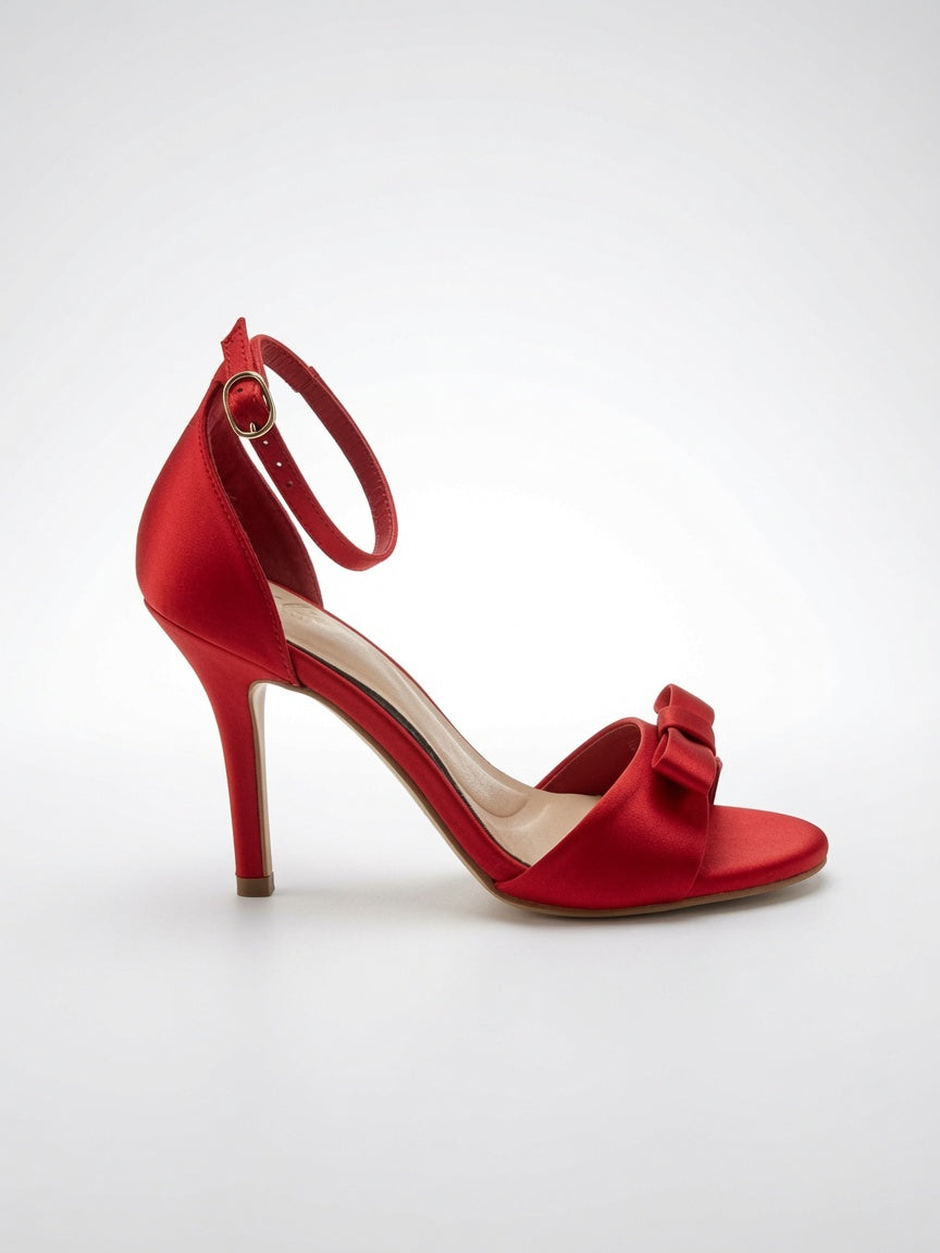 Zapatillas de Tacón Alto con Moño Rojo Satén Carmesí