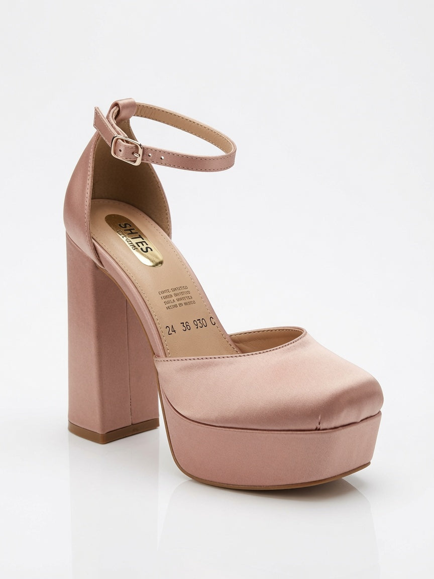 Zapatilla Plataforma Tacón Ancho Para Mujer Satín