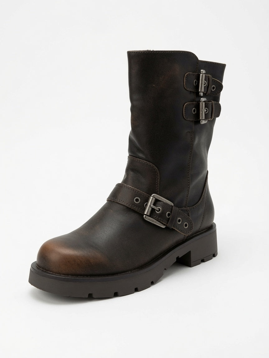 Botin Efe "Rocker" con Hebillas Múltiples - Café Deslavado