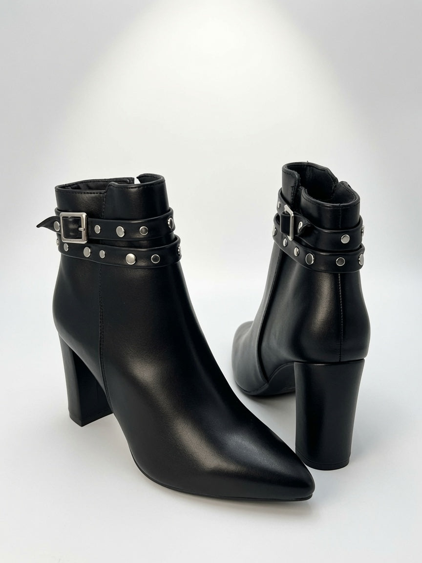 Botines Negros De Tacón Ancho Para Mujer Hebilla